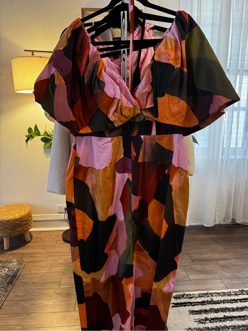 ASOS Abstract Puff Sleeve Midi Dress in Pink, Orange, Black